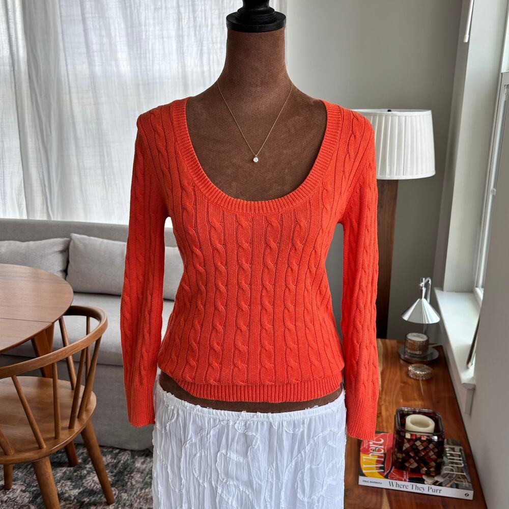 2009 American Eagle Orange Cable Knit 100% Cotton Scoop Neck Sweater Y2K Medium